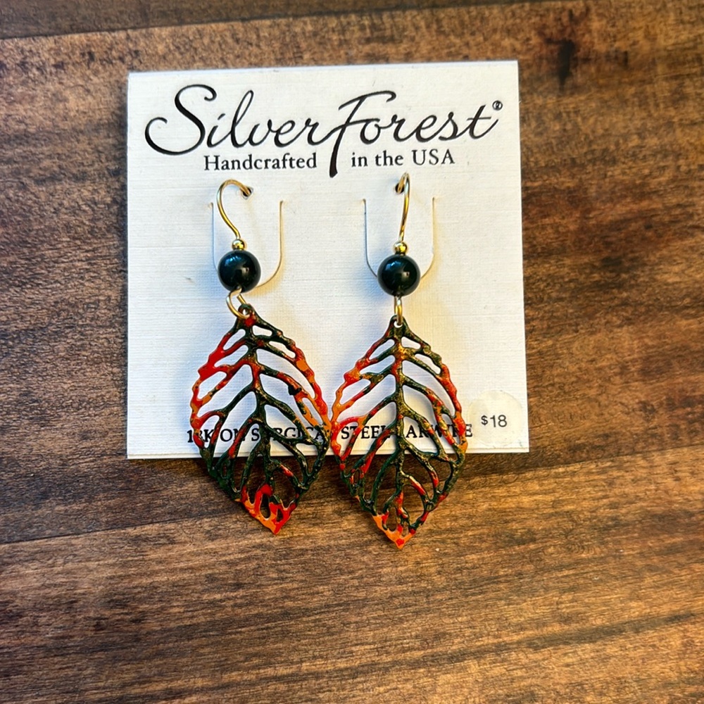 Silver Forest Red and Green Leaf Earrings, New with Tag